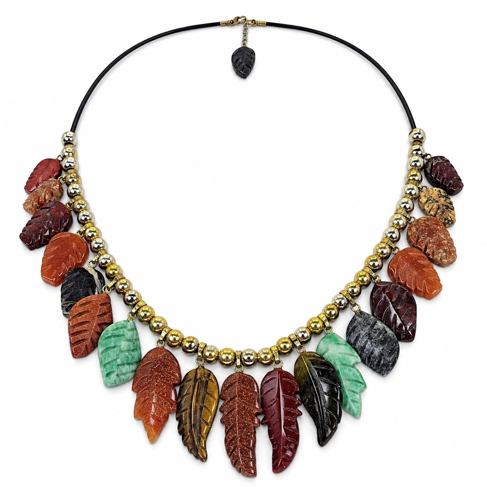 Boho Mixed Stone Carved Leaf Statement Necklace Tiger Eye Goldstone Multicolor